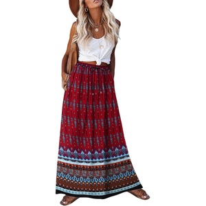 Zeagoo Women’s 2026 Boho Floral Skirt Casual Elastic High Waist Maxi Skirts Flowy A Line Beach Long Skirt with Side Pockets(Red)
