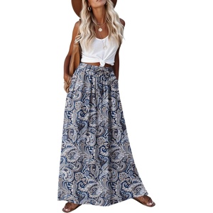 Zeagoo Women’s 2026 Boho Floral Skirt Casual Elastic High Waist Maxi Skirts Flowy A Line Beach Long Skirt with Side Pockets(Tibetan Khaki)