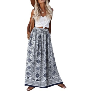 Zeagoo Women’s 2026 Boho Floral Skirt Casual Elastic High Waist Maxi Skirts Flowy A Line Beach Long Skirt with Side Pockets(White Blue)