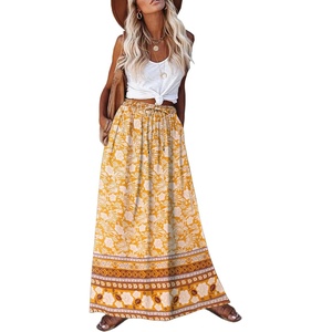 Zeagoo Women’s 2026 Boho Floral Skirt Casual Elastic High Waist Maxi Skirts Flowy A Line Beach Long Skirt with Side Pockets(Yellow Floral)