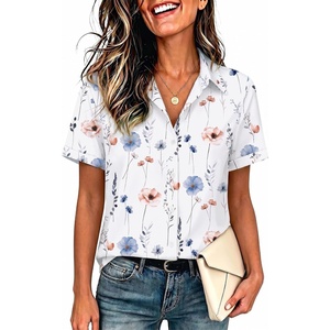 Zeagoo Womens Button Down Blouse Rolled Cuffed Short Sleeve Shirts Casual Work Blouse Summer Hawaiian Outfits(Bf112)