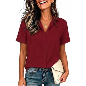Zeagoo Womens Button Down Blouse Rolled Cuffed Short Sleeve Shirts Casual Work Blouse Summer Hawaiian Outfits(Red)