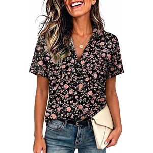 Zeagoo Womens Button Down Blouse Rolled Cuffed Short Sleeve Shirts Casual Work Blouse Summer Hawaiian Outfits(Xh532)