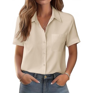 Zeagoo Womens Button Down Shirt Bust Pocket Short Sleeve Blouses Summer Top(Beige)