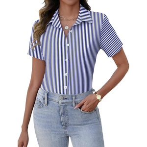 Zeagoo Women’s Button Down Shirts Short Sleeve Dress Shirts Business Tops(Blue White Stripe)