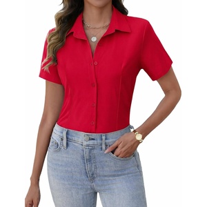 Zeagoo Women’s Button Down Shirts Short Sleeve Dress Shirts Business Tops(B-red)