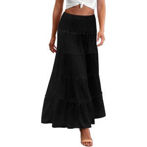 Zeagoo Women’s Long Maxi Skirts Tiered Elastic High Waist Boho Double Layered Print A-Line Casual Midi Dress(Black)