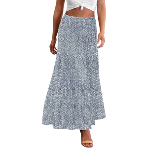 Zeagoo Women’s Long Maxi Skirts Tiered Elastic High Waist Boho Double Layered Print A-Line Casual Midi Dress(Blue White Floral)