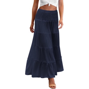 Zeagoo Women’s Long Maxi Skirts Tiered Elastic High Waist Boho Double Layered Print A-Line Casual Midi Dress(Navy Blue)