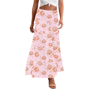 Zeagoo Women’s Long Maxi Skirts Tiered Elastic High Waist Boho Double Layered Print A-Line Casual Midi Dress(Pink Orange Floral)