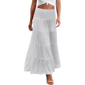 Zeagoo Women’s Long Maxi Skirts Tiered Elastic High Waist Boho Double Layered Print A-Line Casual Midi Dress(White)