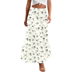 Zeagoo Women’s Long Maxi Skirts Tiered Elastic High Waist Boho Double Layered Print A-Line Casual Midi Dress(White Floral)