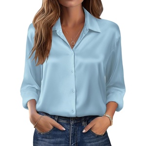 Zeagoo Womens Tops Long Sleeve Satin Silk Button Down Shirts Dressy Blouses(Light Blue)