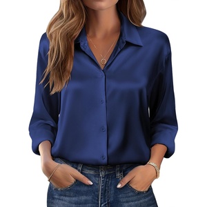 Zeagoo Womens Tops Long Sleeve Satin Silk Button Down Shirts Dressy Blouses(Navy Blue)