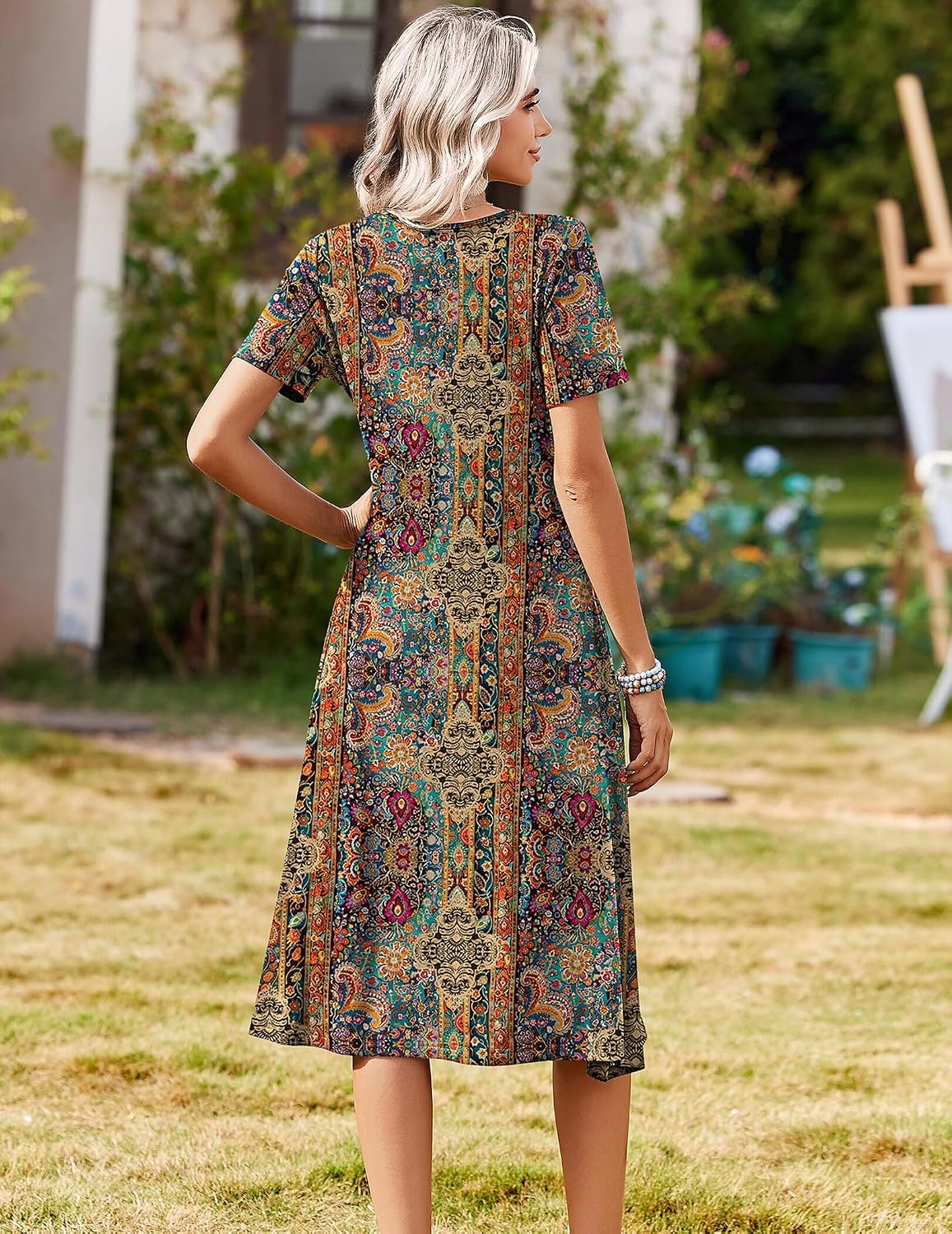 image:imageZeagoo Summer Dresses for Women 2026 Casual Short Sleeve Aline Midi Dress with Pocket Flowy Pleated Tshirt Beach Sundress01ethnic Print