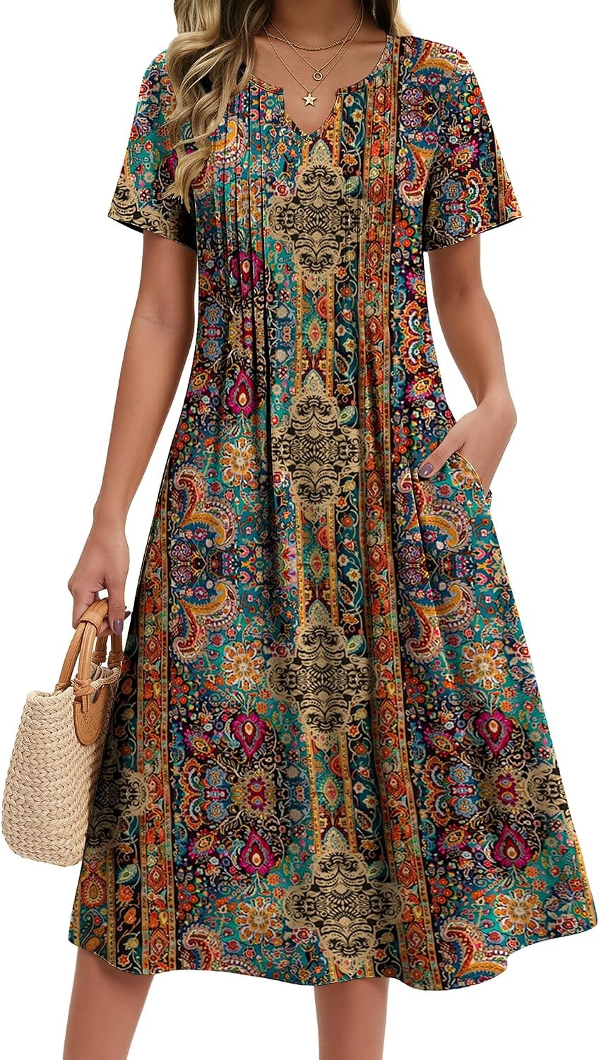 image:imageZeagoo Summer Dresses for Women 2026 Casual Short Sleeve Aline Midi Dress with Pocket Flowy Pleated Tshirt Beach Sundress01ethnic Print
