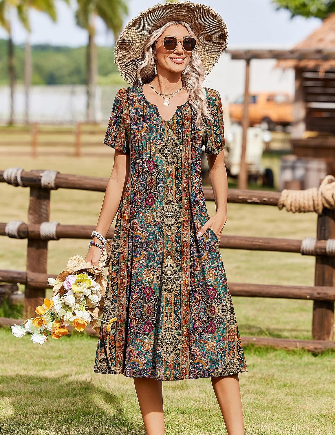 image:imageZeagoo Summer Dresses for Women 2026 Casual Short Sleeve Aline Midi Dress with Pocket Flowy Pleated Tshirt Beach Sundress01ethnic Print