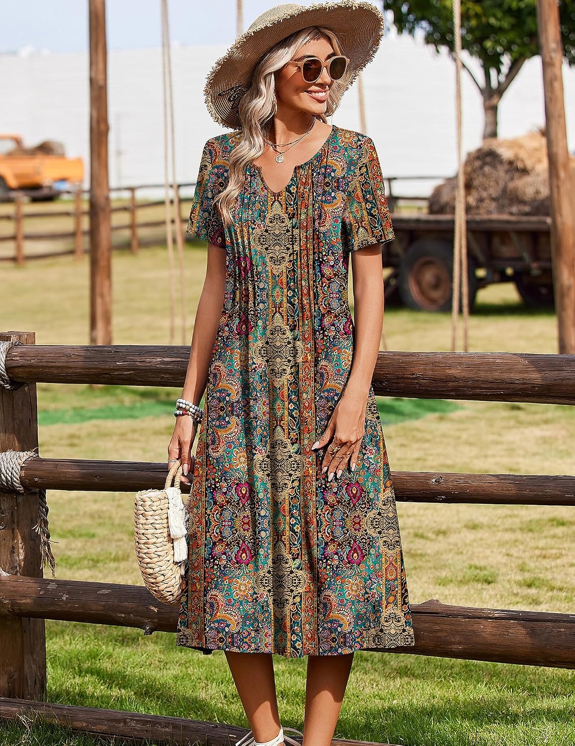 image:imageZeagoo Summer Dresses for Women 2026 Casual Short Sleeve Aline Midi Dress with Pocket Flowy Pleated Tshirt Beach Sundress01ethnic Print