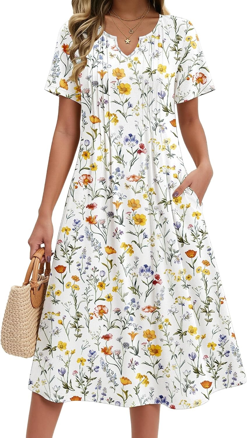 image:imageZeagoo Summer Dresses for Women 2026 Casual Short Sleeve Aline Midi Dress with Pocket Flowy Pleated Tshirt Beach Sundress02white Floral