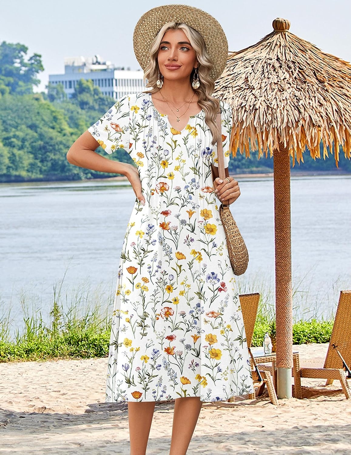 image:imageZeagoo Summer Dresses for Women 2026 Casual Short Sleeve Aline Midi Dress with Pocket Flowy Pleated Tshirt Beach Sundress02white Floral