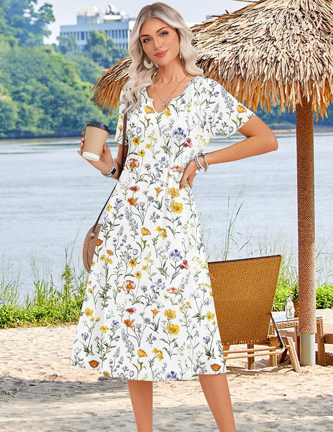 image:imageZeagoo Summer Dresses for Women 2026 Casual Short Sleeve Aline Midi Dress with Pocket Flowy Pleated Tshirt Beach Sundress02white Floral
