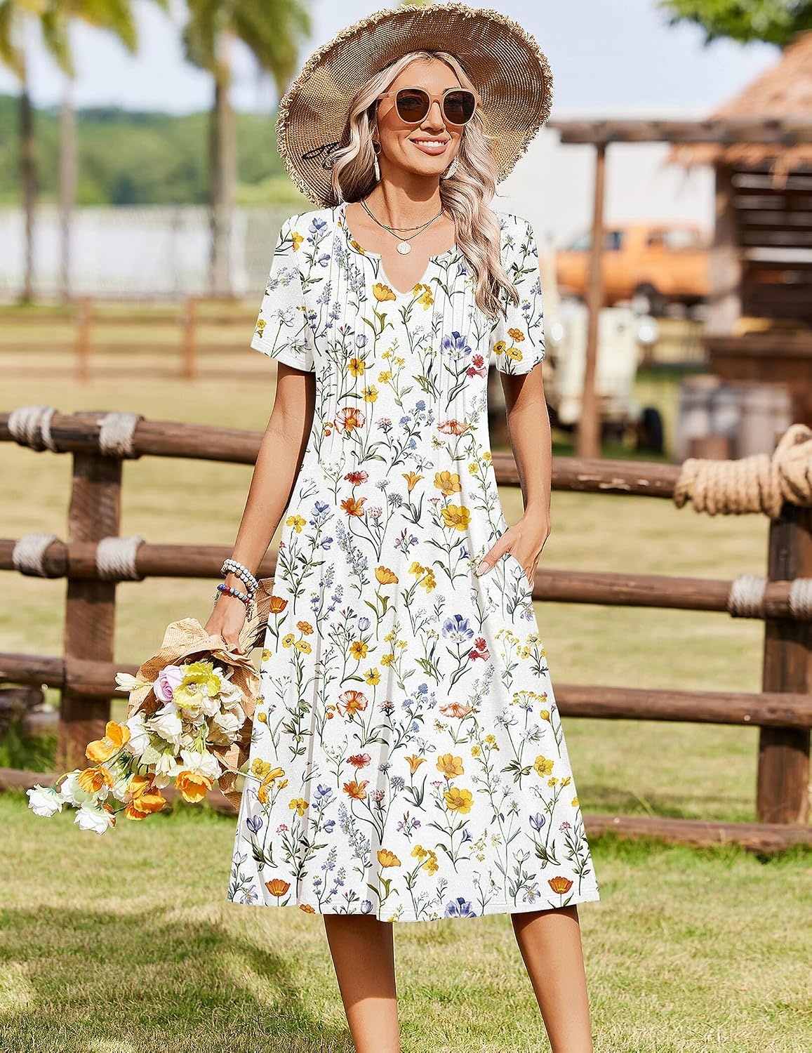 image:imageZeagoo Summer Dresses for Women 2026 Casual Short Sleeve Aline Midi Dress with Pocket Flowy Pleated Tshirt Beach Sundress02white Floral
