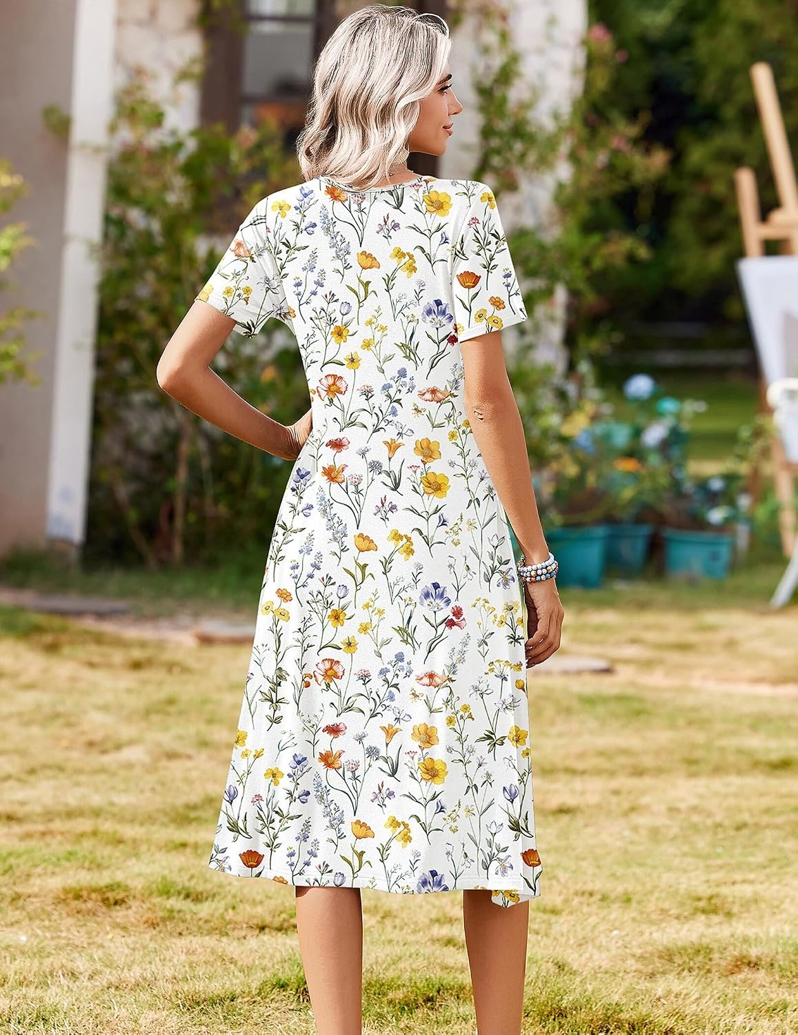 image:imageZeagoo Summer Dresses for Women 2026 Casual Short Sleeve Aline Midi Dress with Pocket Flowy Pleated Tshirt Beach Sundress02white Floral