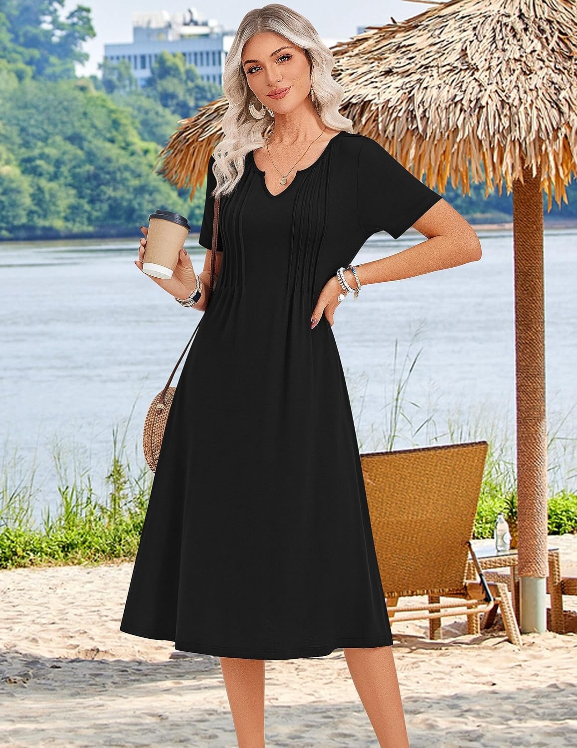 image:imageZeagoo Summer Dresses for Women 2026 Casual Short Sleeve Aline Midi Dress with Pocket Flowy Pleated Tshirt Beach SundressBlack
