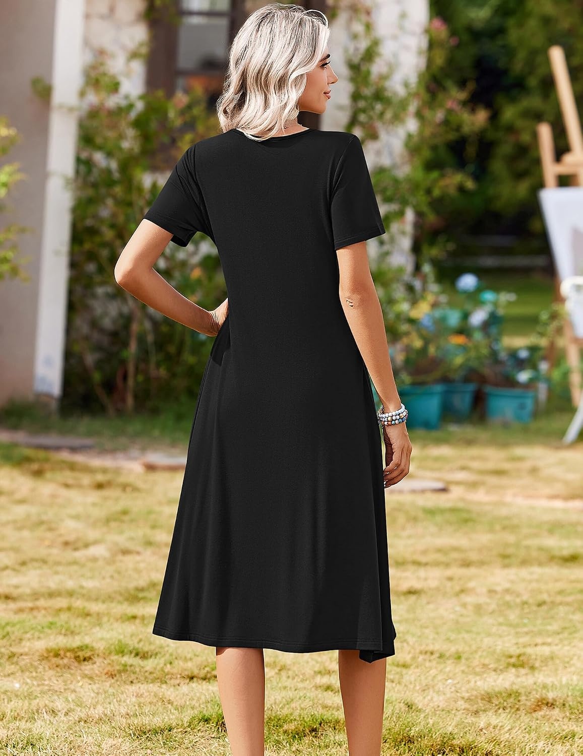 image:imageZeagoo Summer Dresses for Women 2026 Casual Short Sleeve Aline Midi Dress with Pocket Flowy Pleated Tshirt Beach SundressBlack