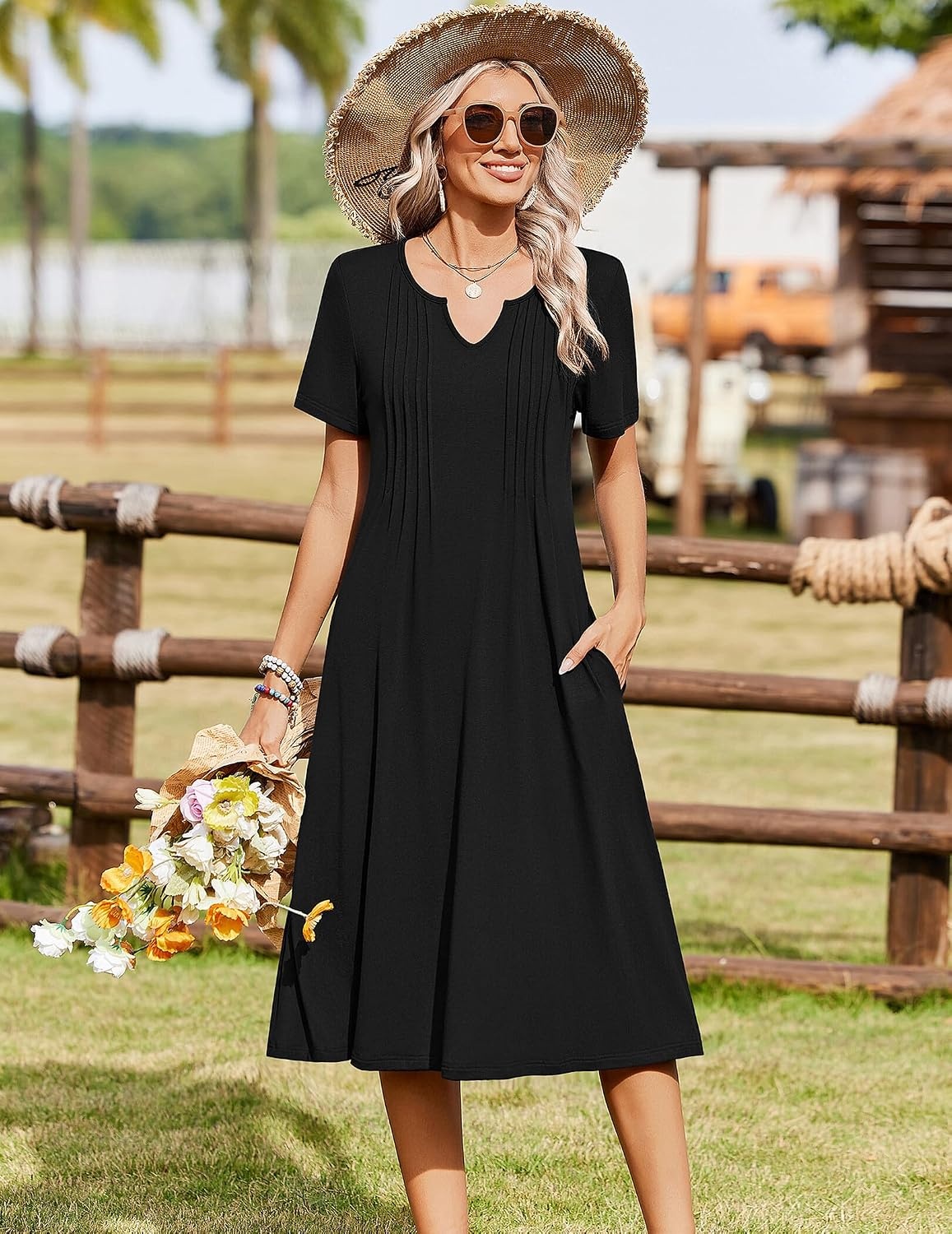 image:imageZeagoo Summer Dresses for Women 2026 Casual Short Sleeve Aline Midi Dress with Pocket Flowy Pleated Tshirt Beach SundressBlack