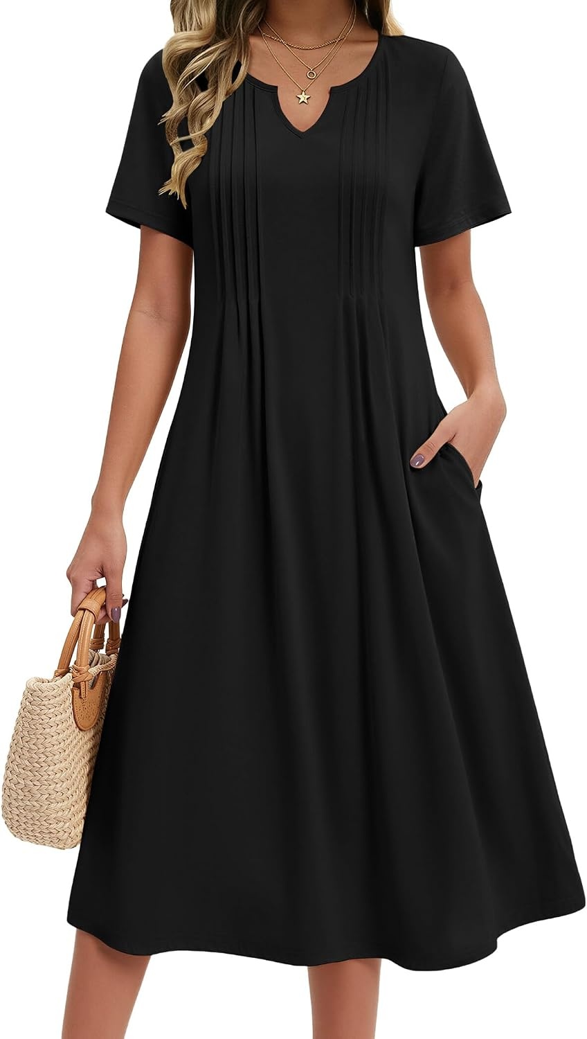 image:imageZeagoo Summer Dresses for Women 2026 Casual Short Sleeve Aline Midi Dress with Pocket Flowy Pleated Tshirt Beach SundressBlack