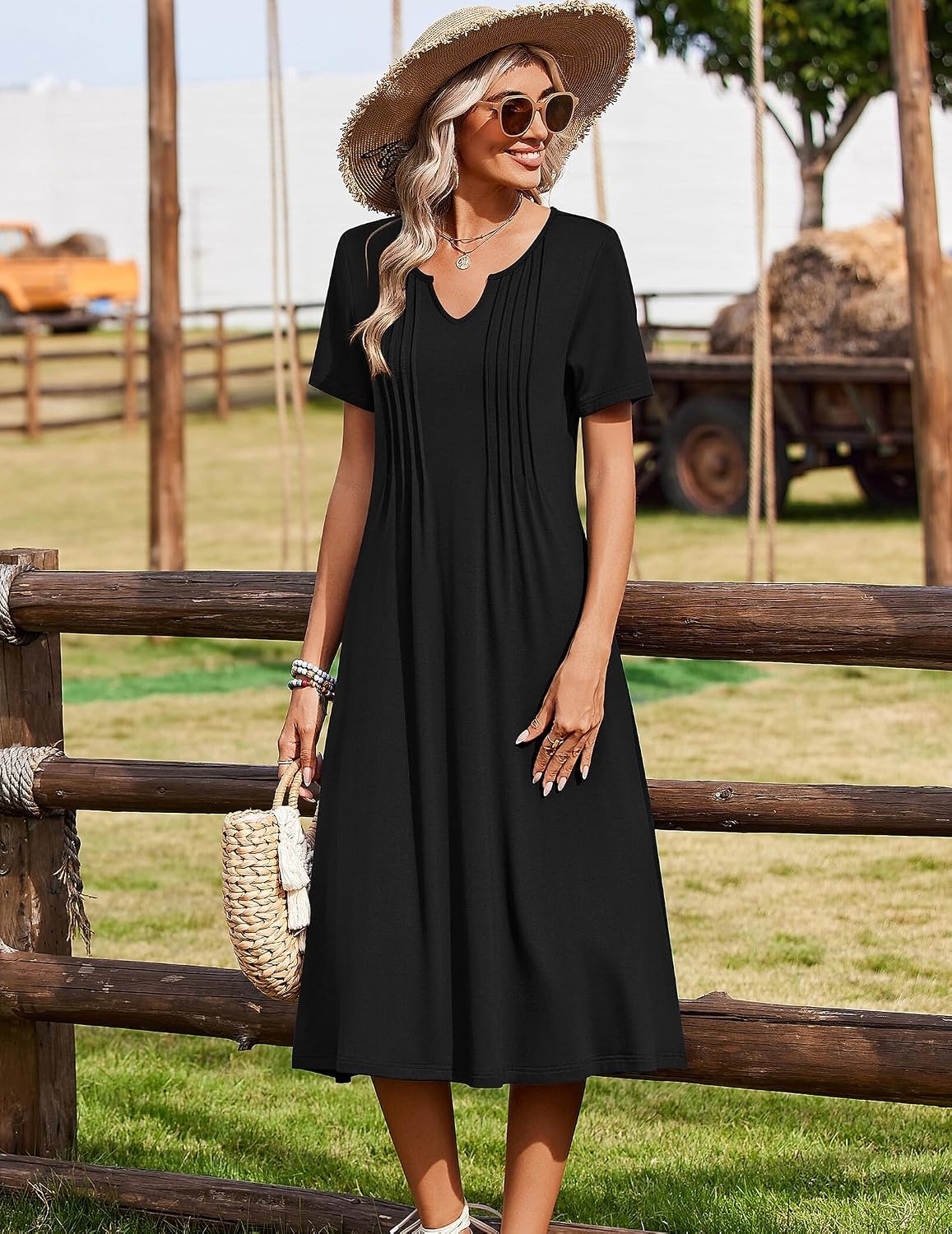 image:imageZeagoo Summer Dresses for Women 2026 Casual Short Sleeve Aline Midi Dress with Pocket Flowy Pleated Tshirt Beach SundressBlack