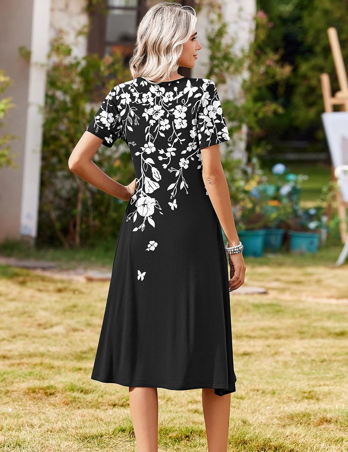 image:imageZeagoo Summer Dresses for Women 2026 Casual Short Sleeve Aline Midi Dress with Pocket Flowy Pleated Tshirt Beach SundressBlack Floral Print