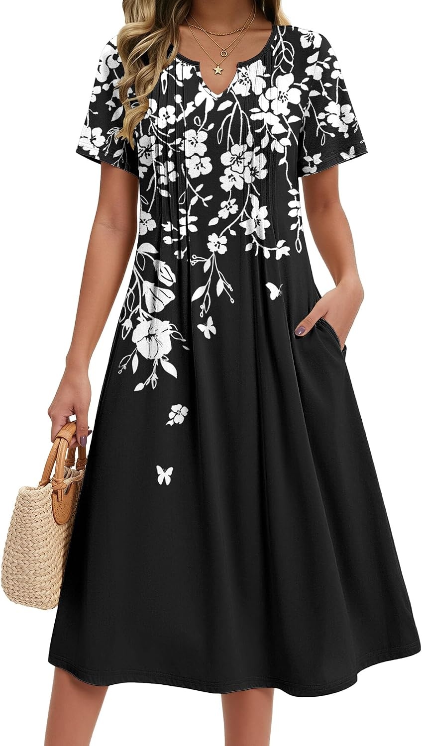 image:imageZeagoo Summer Dresses for Women 2026 Casual Short Sleeve Aline Midi Dress with Pocket Flowy Pleated Tshirt Beach SundressBlack Floral Print