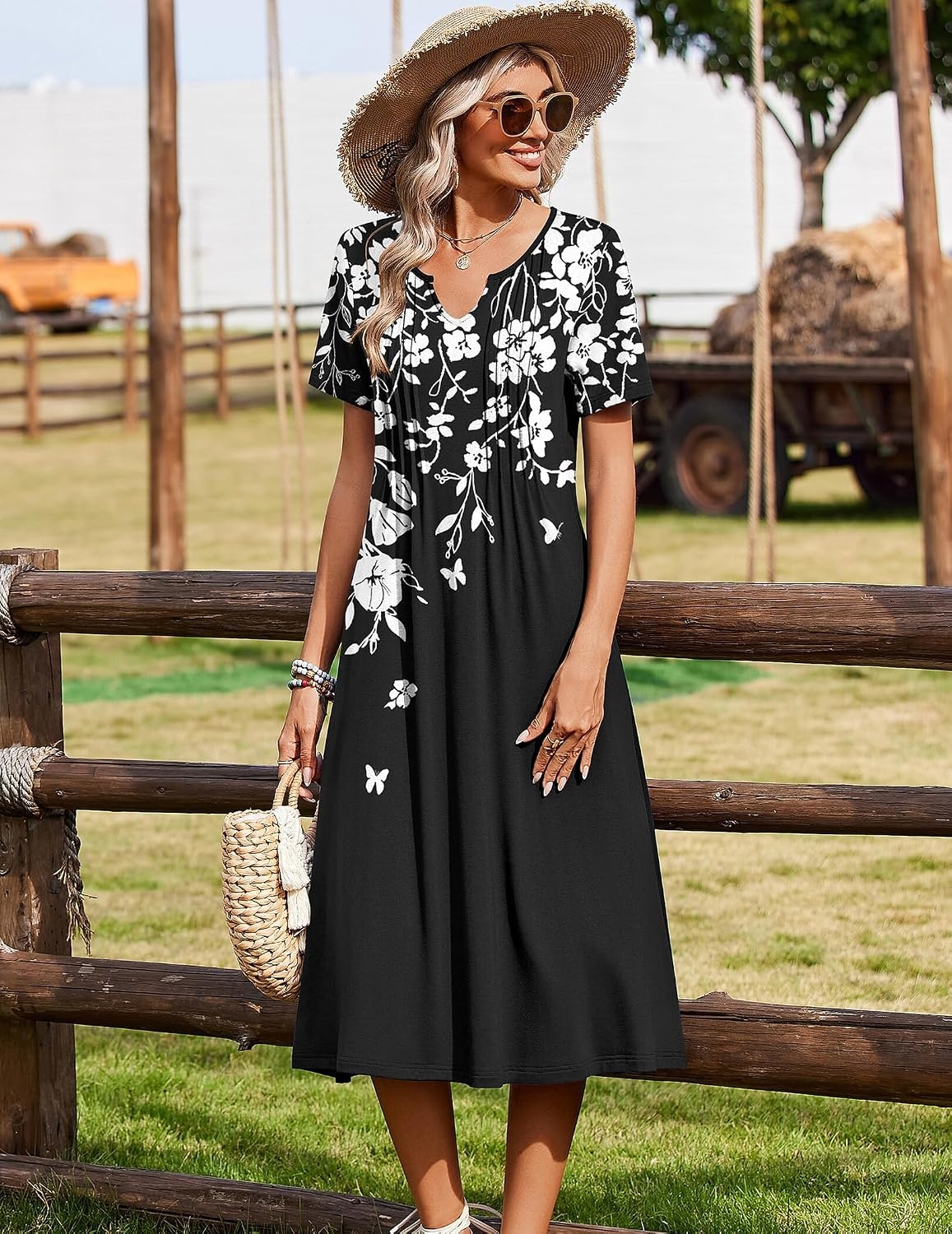 image:imageZeagoo Summer Dresses for Women 2026 Casual Short Sleeve Aline Midi Dress with Pocket Flowy Pleated Tshirt Beach SundressBlack Floral Print