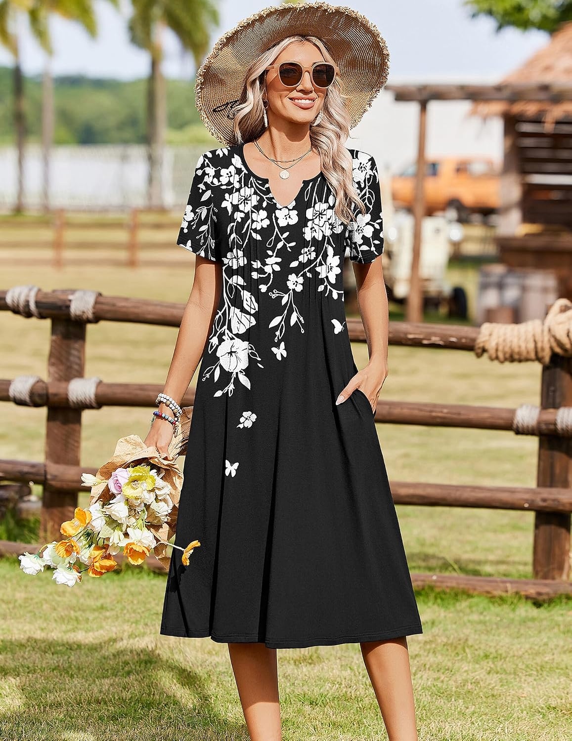 image:imageZeagoo Summer Dresses for Women 2026 Casual Short Sleeve Aline Midi Dress with Pocket Flowy Pleated Tshirt Beach SundressBlack Floral Print