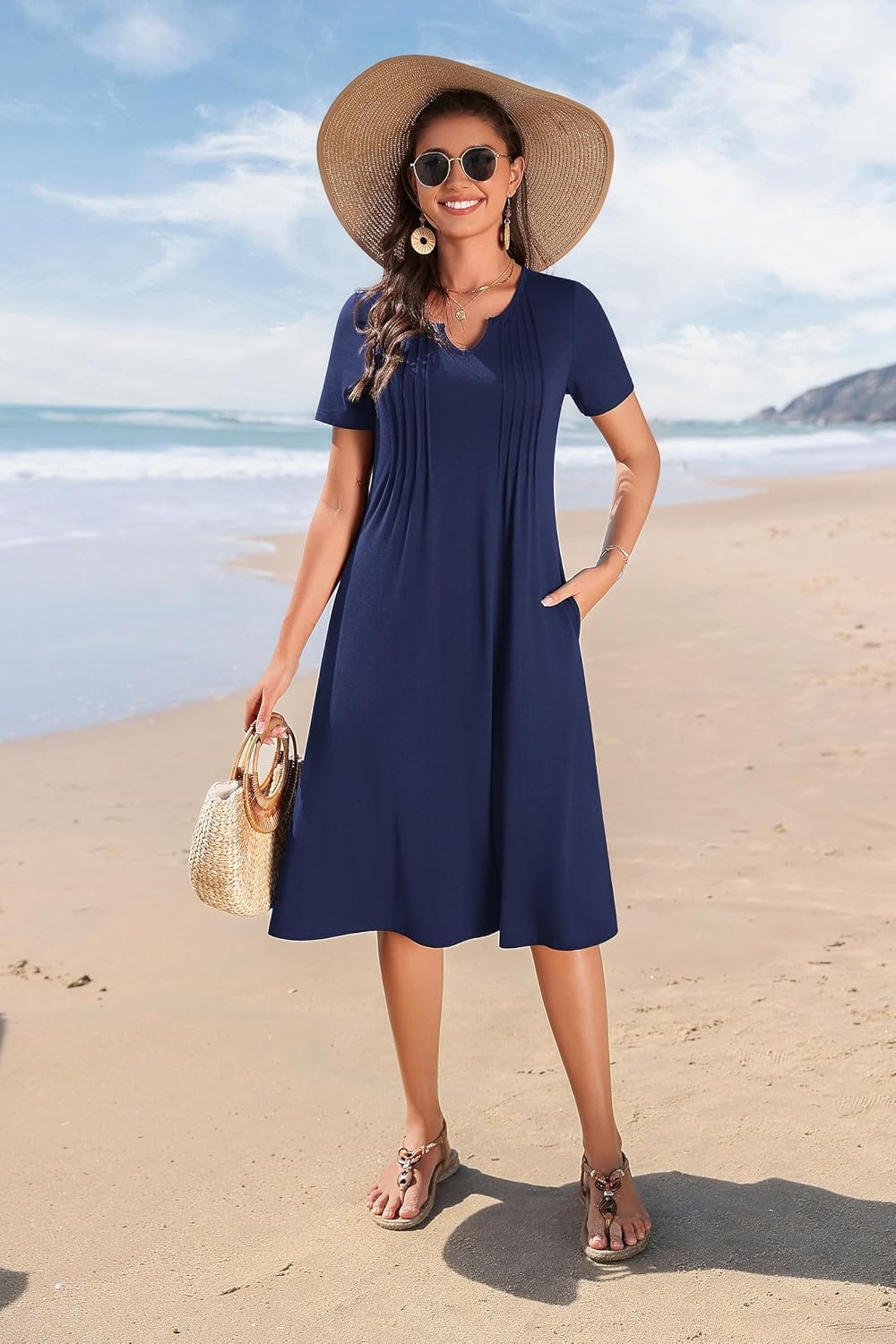 image:imageZeagoo Summer Dresses for Women 2026 Casual Short Sleeve Aline Midi Dress with Pocket Flowy Pleated Tshirt Beach SundressBlue