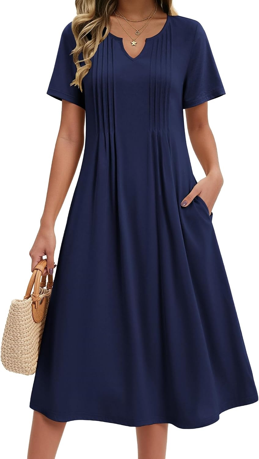 image:imageZeagoo Summer Dresses for Women 2026 Casual Short Sleeve Aline Midi Dress with Pocket Flowy Pleated Tshirt Beach SundressBlue