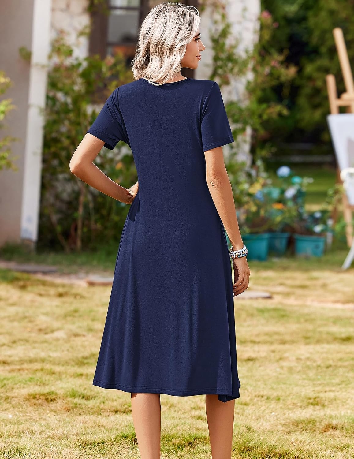 image:imageZeagoo Summer Dresses for Women 2026 Casual Short Sleeve Aline Midi Dress with Pocket Flowy Pleated Tshirt Beach SundressBlue