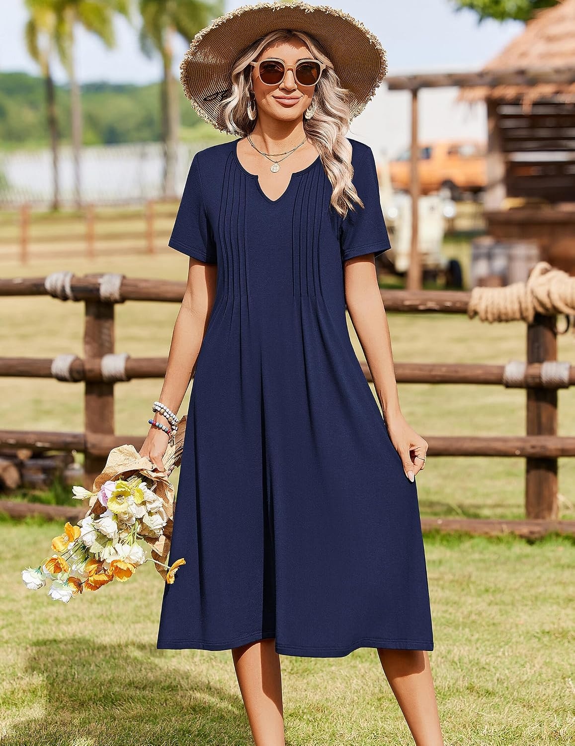 image:imageZeagoo Summer Dresses for Women 2026 Casual Short Sleeve Aline Midi Dress with Pocket Flowy Pleated Tshirt Beach SundressBlue