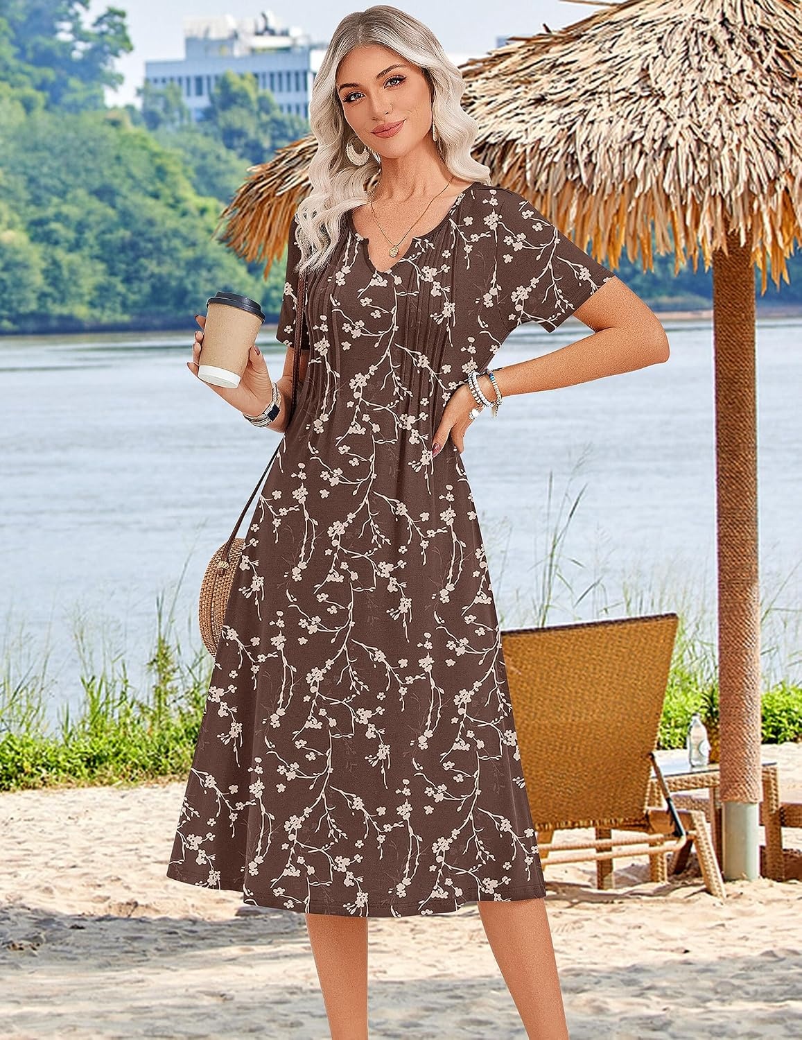 image:imageZeagoo Summer Dresses for Women 2026 Casual Short Sleeve Aline Midi Dress with Pocket Flowy Pleated Tshirt Beach SundressCoffee