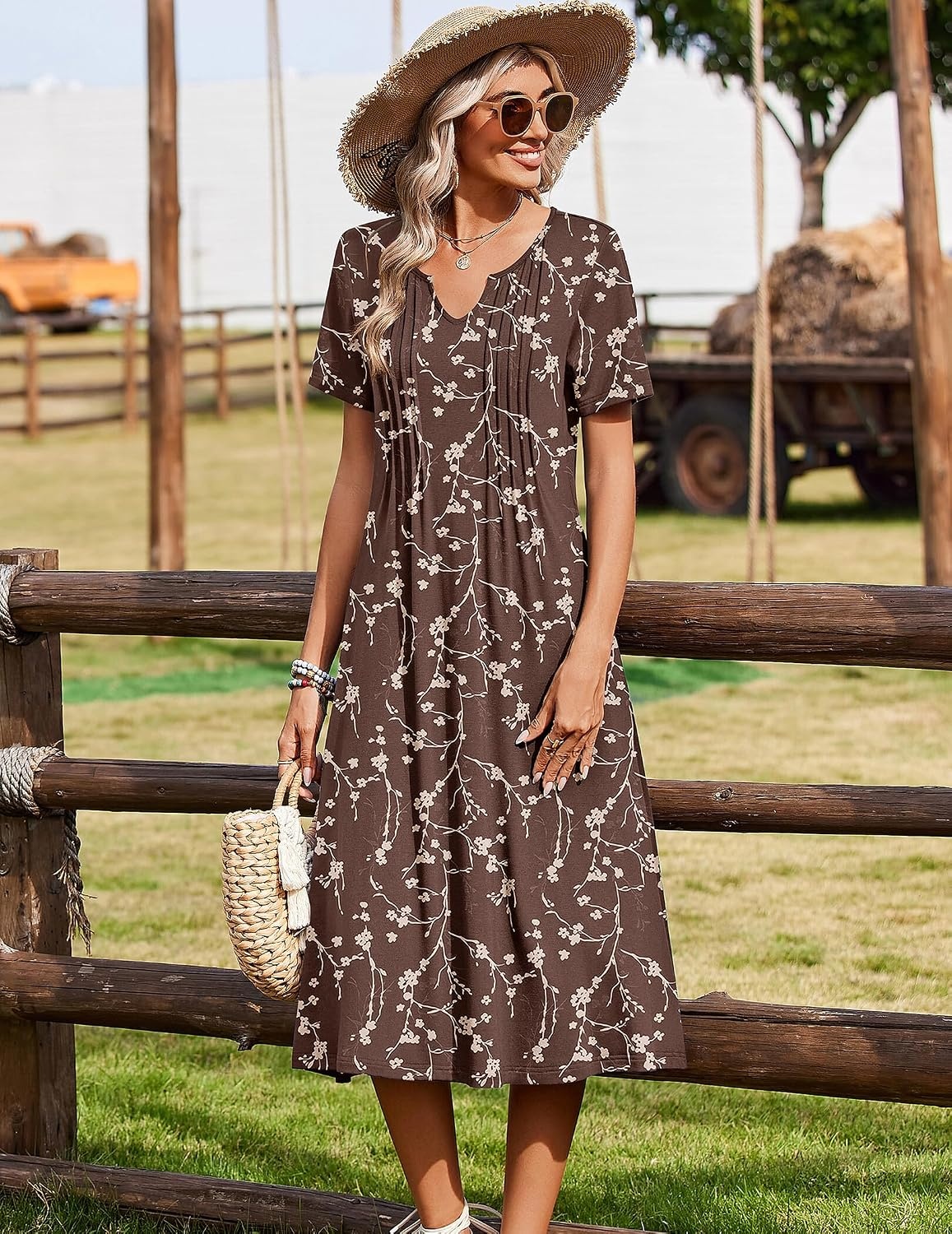 image:imageZeagoo Summer Dresses for Women 2026 Casual Short Sleeve Aline Midi Dress with Pocket Flowy Pleated Tshirt Beach SundressCoffee