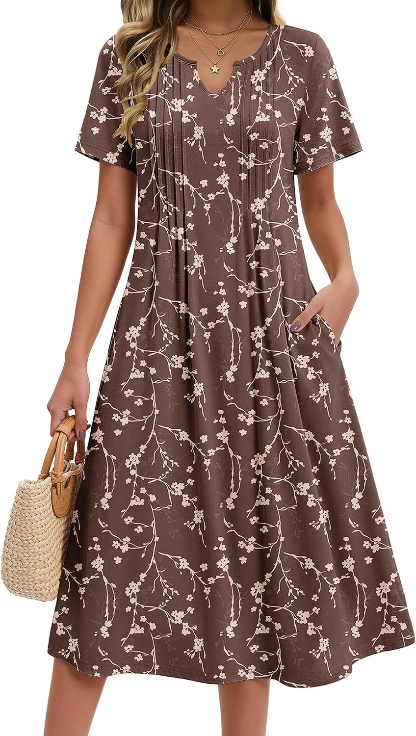 image:imageZeagoo Summer Dresses for Women 2026 Casual Short Sleeve Aline Midi Dress with Pocket Flowy Pleated Tshirt Beach SundressCoffee