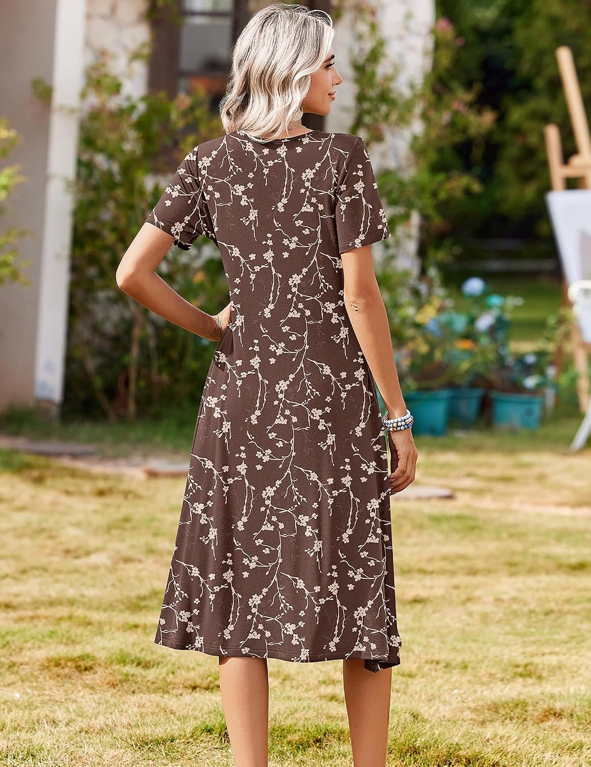 image:imageZeagoo Summer Dresses for Women 2026 Casual Short Sleeve Aline Midi Dress with Pocket Flowy Pleated Tshirt Beach SundressCoffee