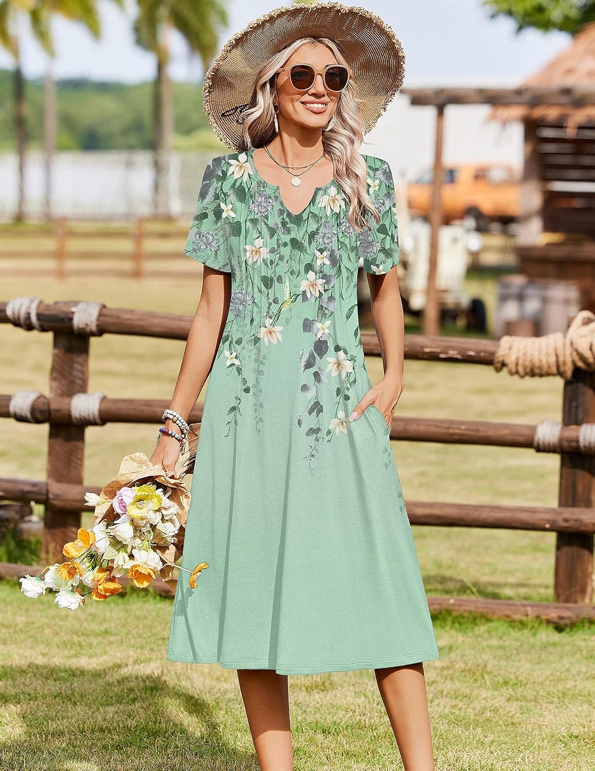 image:imageZeagoo Summer Dresses for Women 2026 Casual Short Sleeve Aline Midi Dress with Pocket Flowy Pleated Tshirt Beach SundressGreen Floral