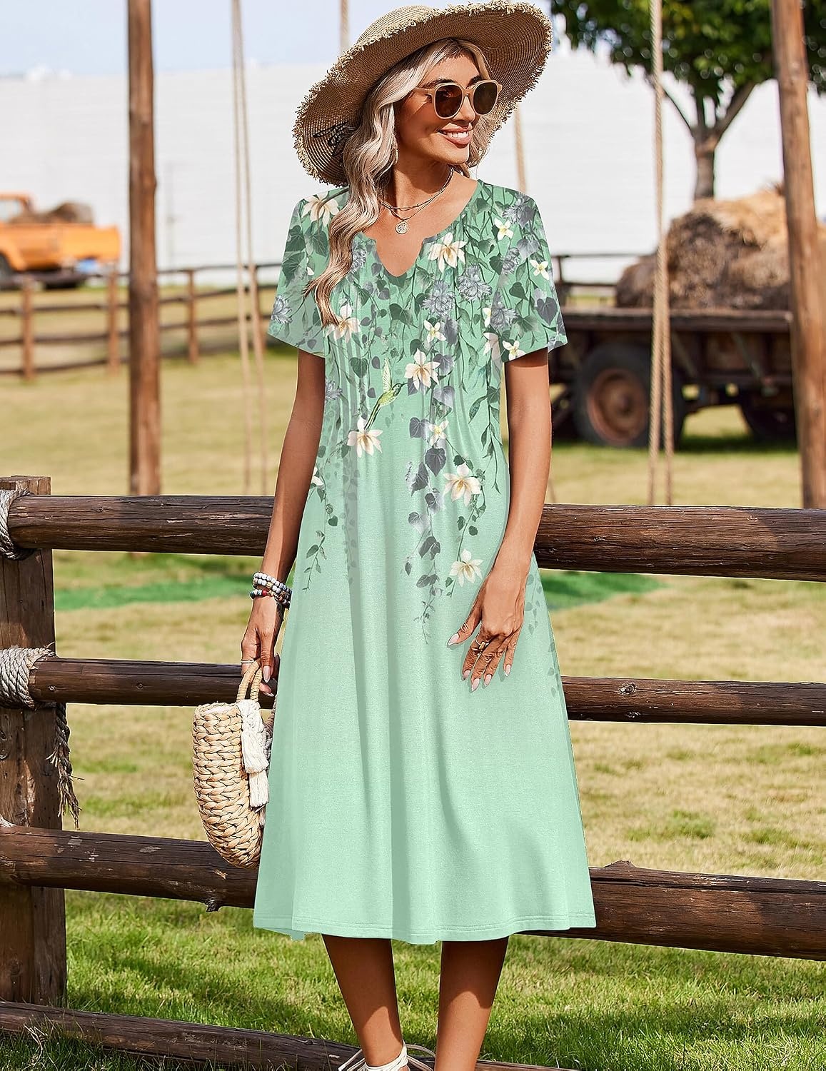 image:imageZeagoo Summer Dresses for Women 2026 Casual Short Sleeve Aline Midi Dress with Pocket Flowy Pleated Tshirt Beach SundressGreen Floral