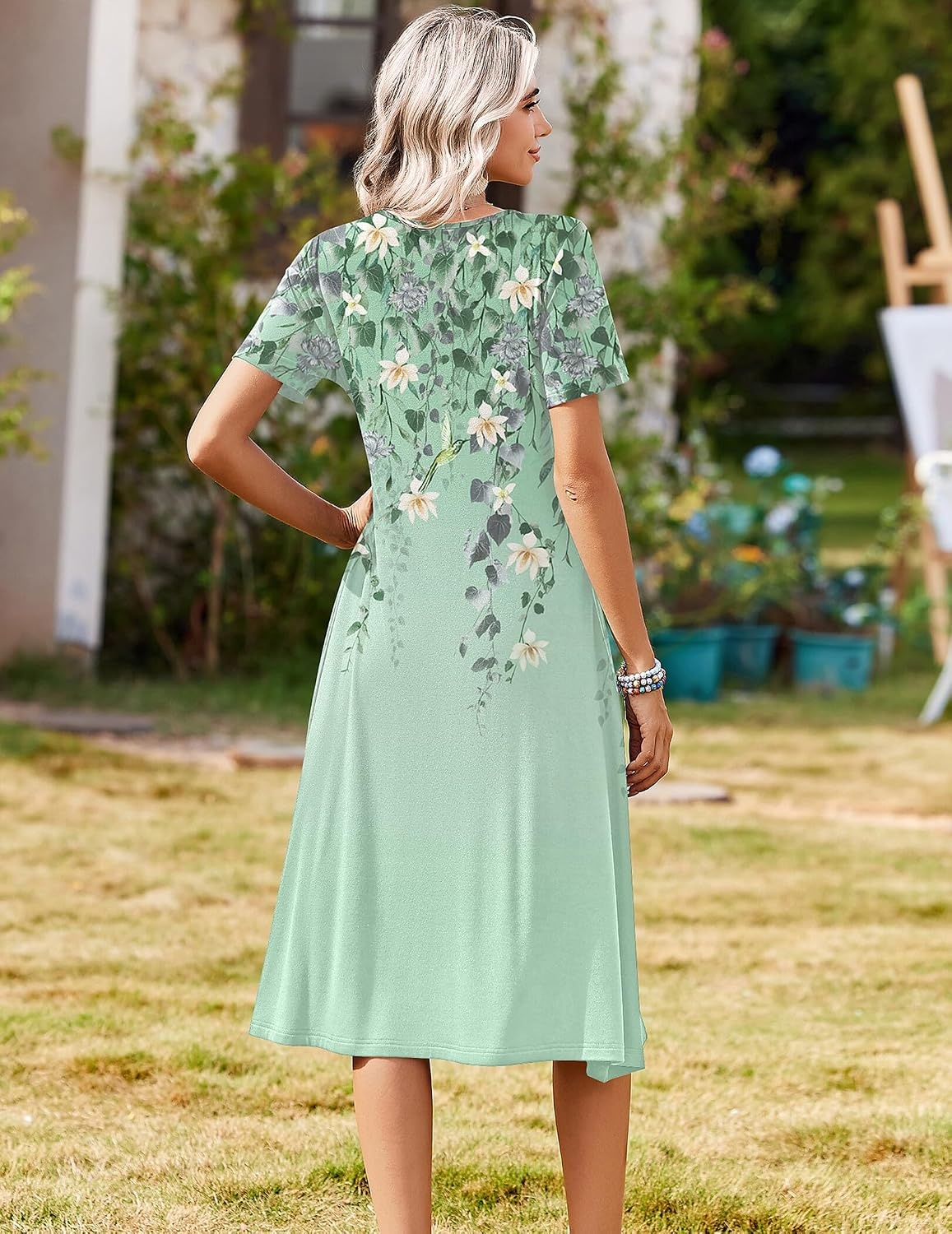 image:imageZeagoo Summer Dresses for Women 2026 Casual Short Sleeve Aline Midi Dress with Pocket Flowy Pleated Tshirt Beach SundressGreen Floral