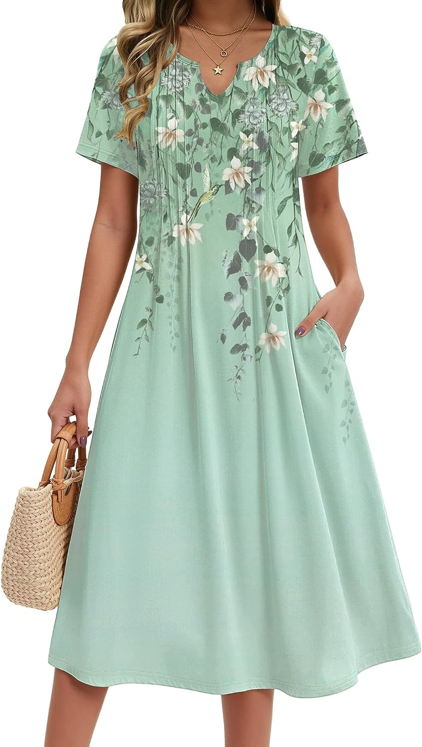 image:imageZeagoo Summer Dresses for Women 2026 Casual Short Sleeve Aline Midi Dress with Pocket Flowy Pleated Tshirt Beach SundressGreen Floral