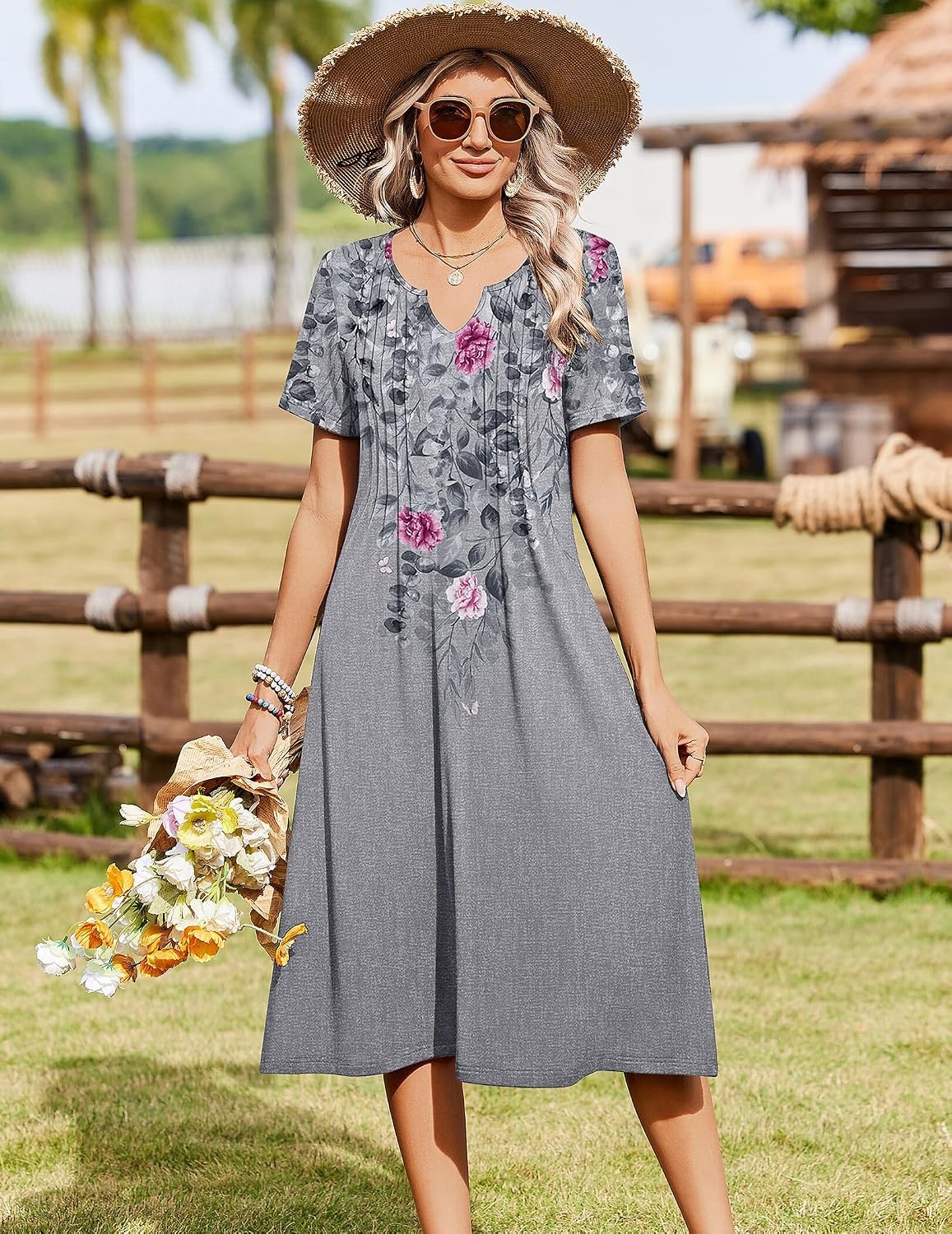 image:imageZeagoo Summer Dresses for Women 2026 Casual Short Sleeve Aline Midi Dress with Pocket Flowy Pleated Tshirt Beach SundressGrey Floral