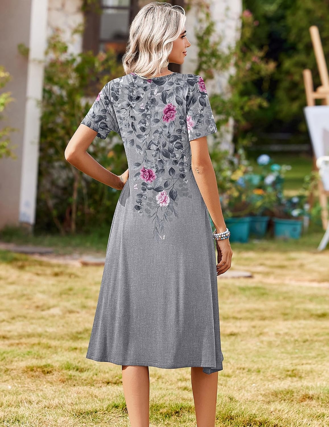 image:imageZeagoo Summer Dresses for Women 2026 Casual Short Sleeve Aline Midi Dress with Pocket Flowy Pleated Tshirt Beach SundressGrey Floral